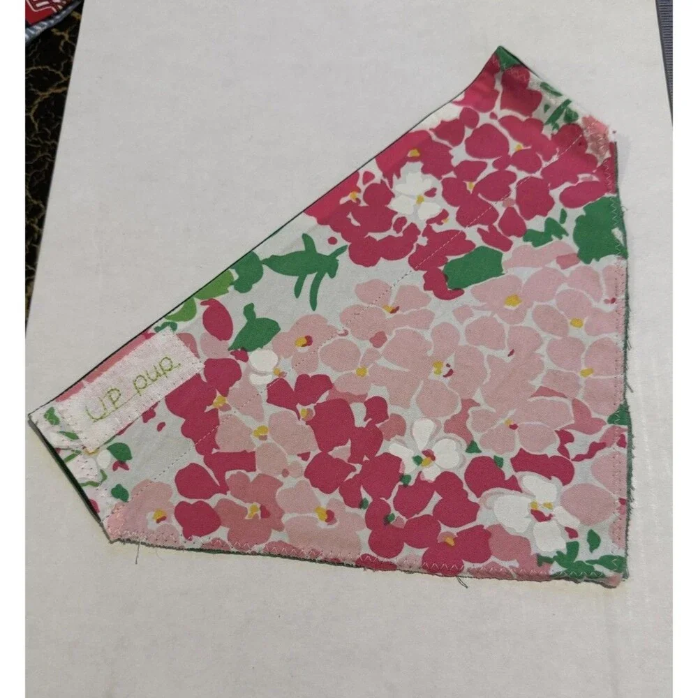 Dog Bandana Over the Collar Pink Floral Hydrangea Upcycled reversible Raw Hem